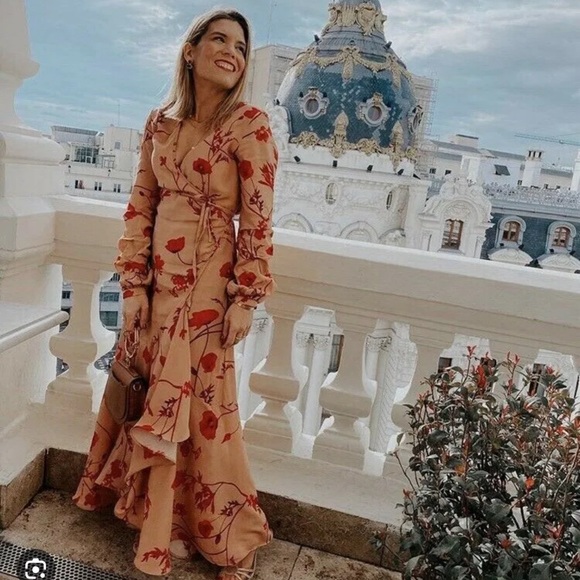 Johanna Ortiz Dresses & Skirts - Johana Ortiz x H&M Wrap Maxi Dress in Nude color with Red Flowers Size M